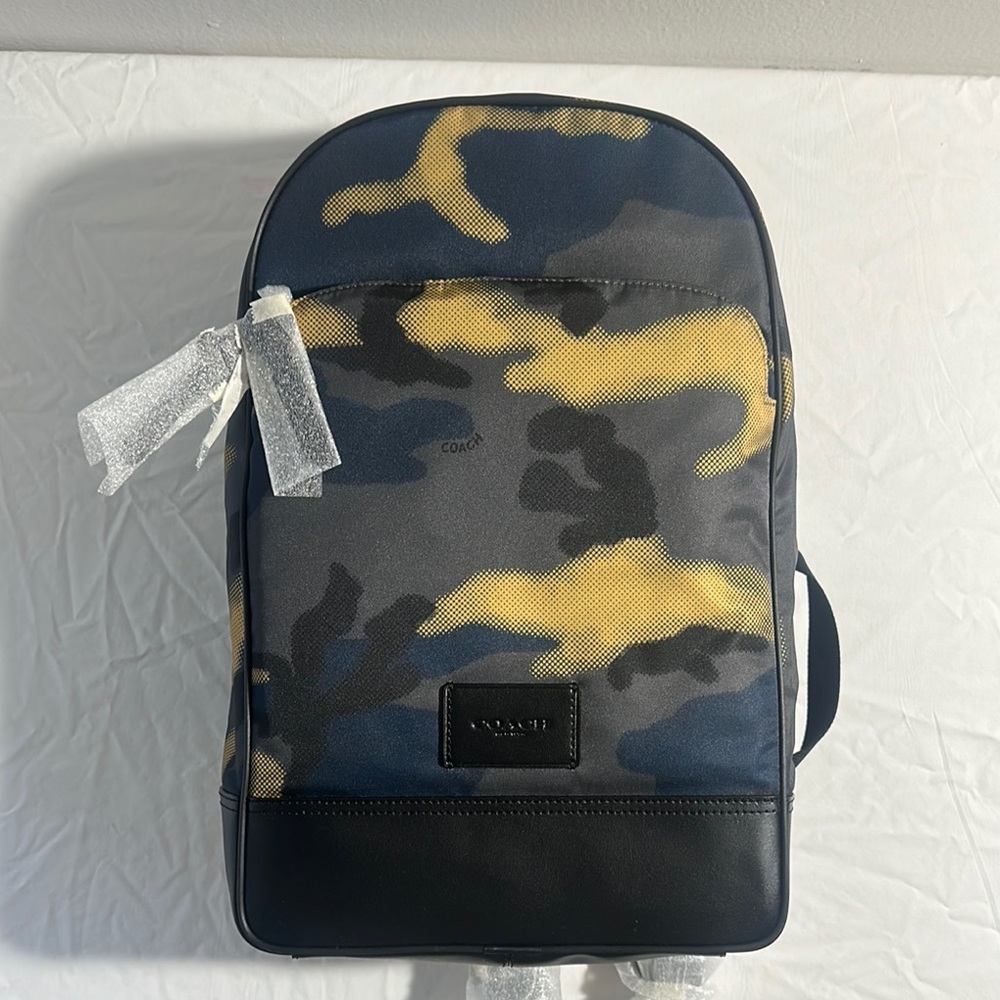 Coach Men's Backpack - Black, Blue, and Yellow Camouflage